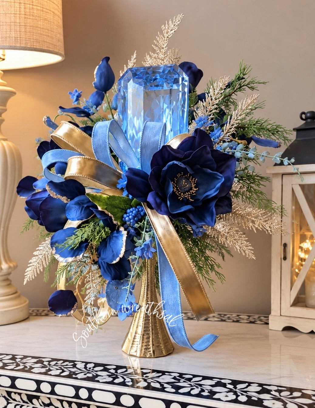 Navy Blue Fall Magnolia & Gem Floral Arrangement