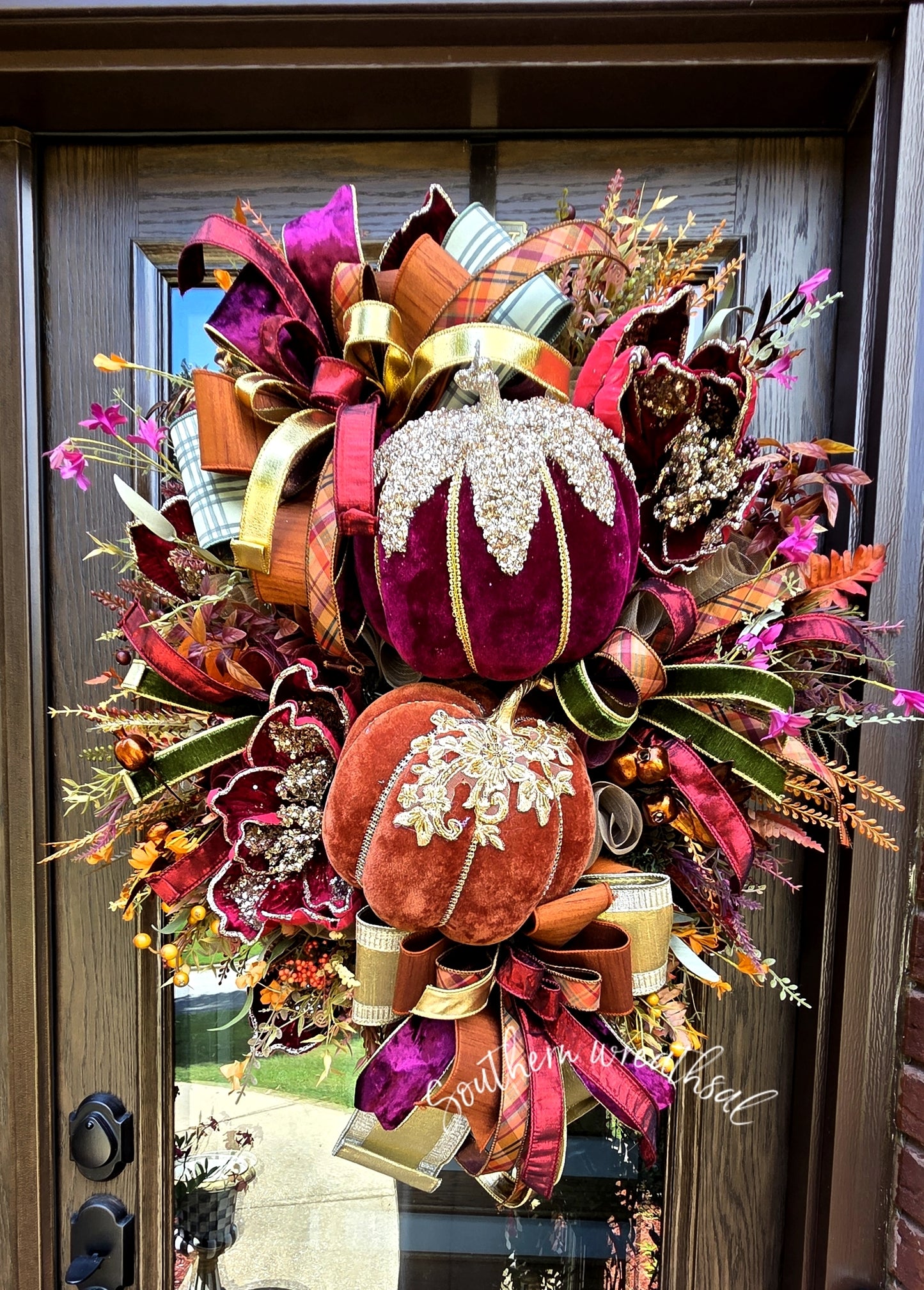 Double Velvet Pumpkin  Glam Fall Wreath-Burgundy & Orange