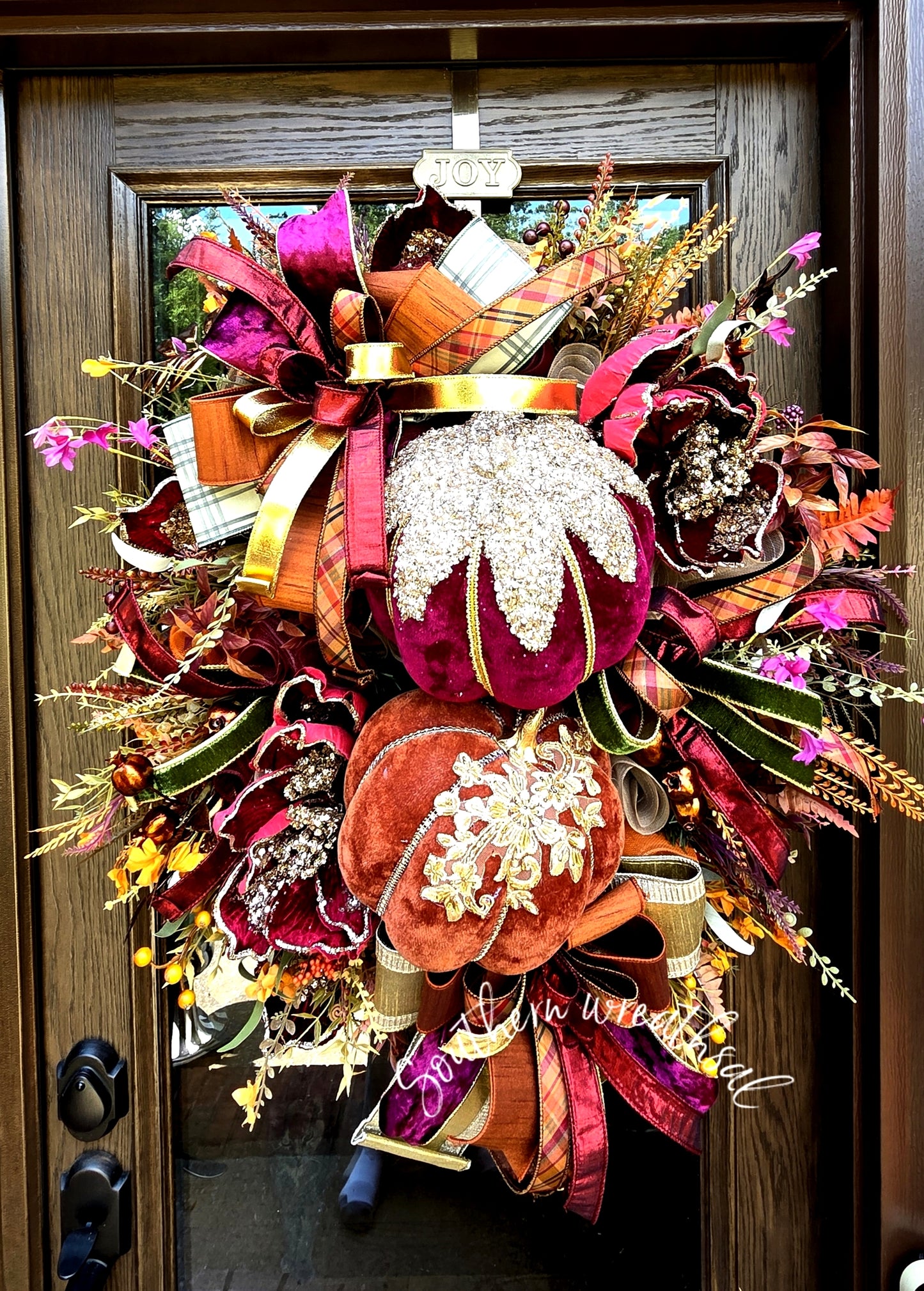 Double Velvet Pumpkin  Glam Fall Wreath-Burgundy & Orange