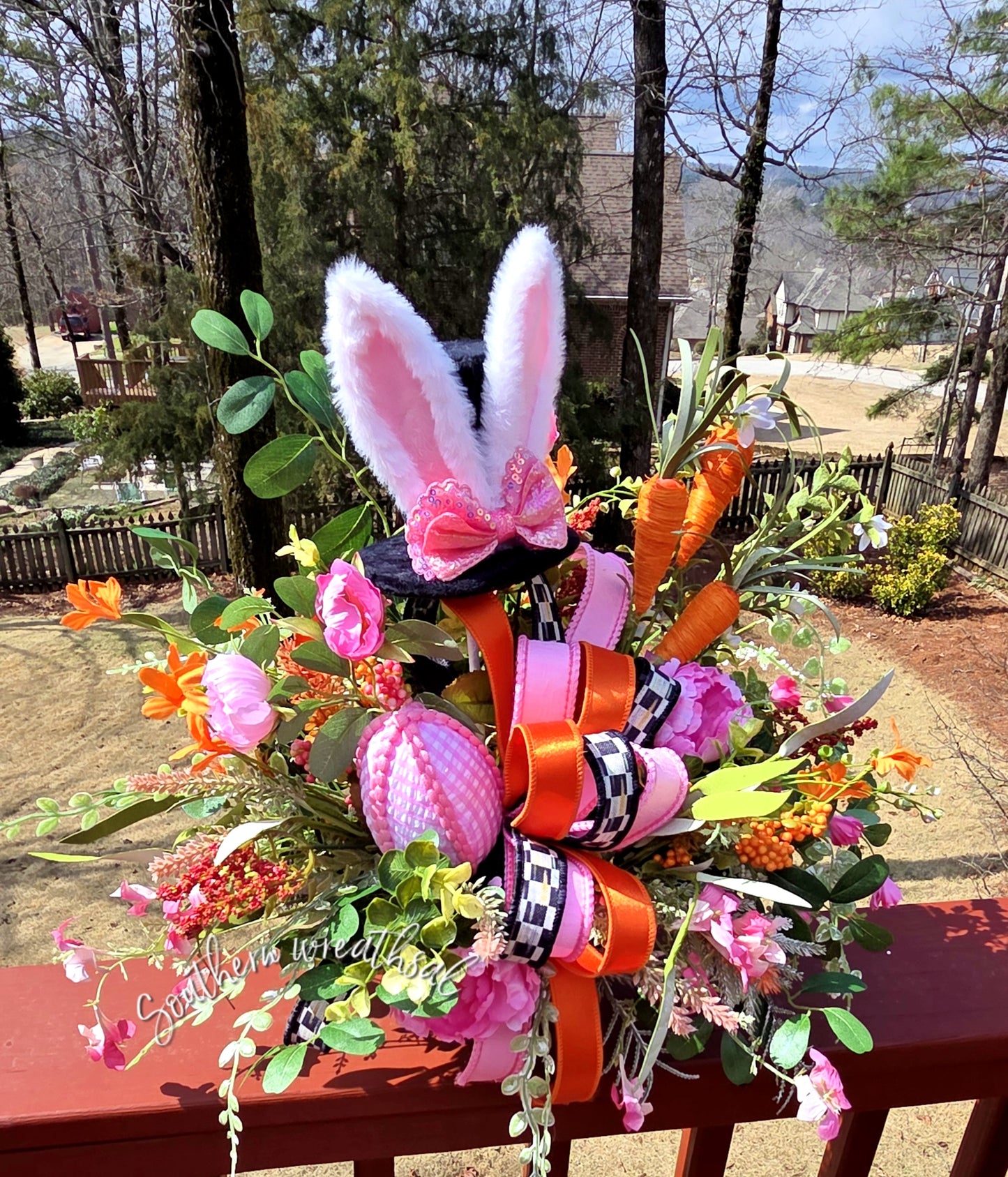 Pink Easter Bunny Floral Arrangement - Spring Bunny Centerpiece with Carrots