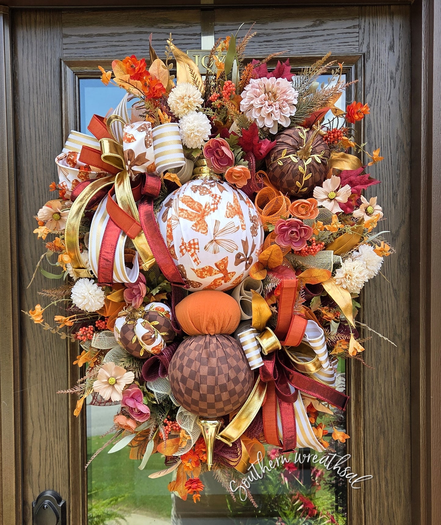Deluxe Fall Finial Door Wreath – Luxury Designer Autumn Front Door Decor