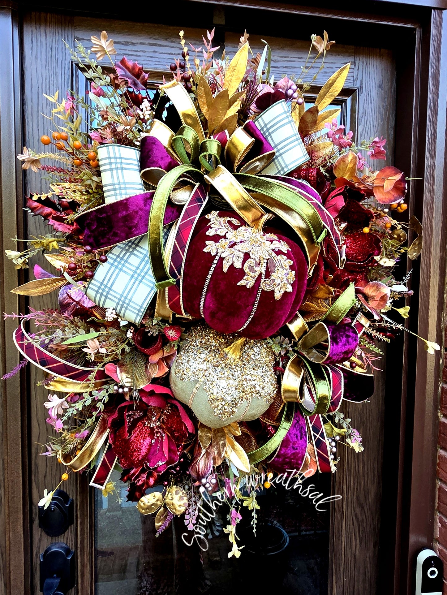 Glam Fall Pumpkin Wreath, Burgundy Velvet Pumpkin & Large Poinsettia Wreath