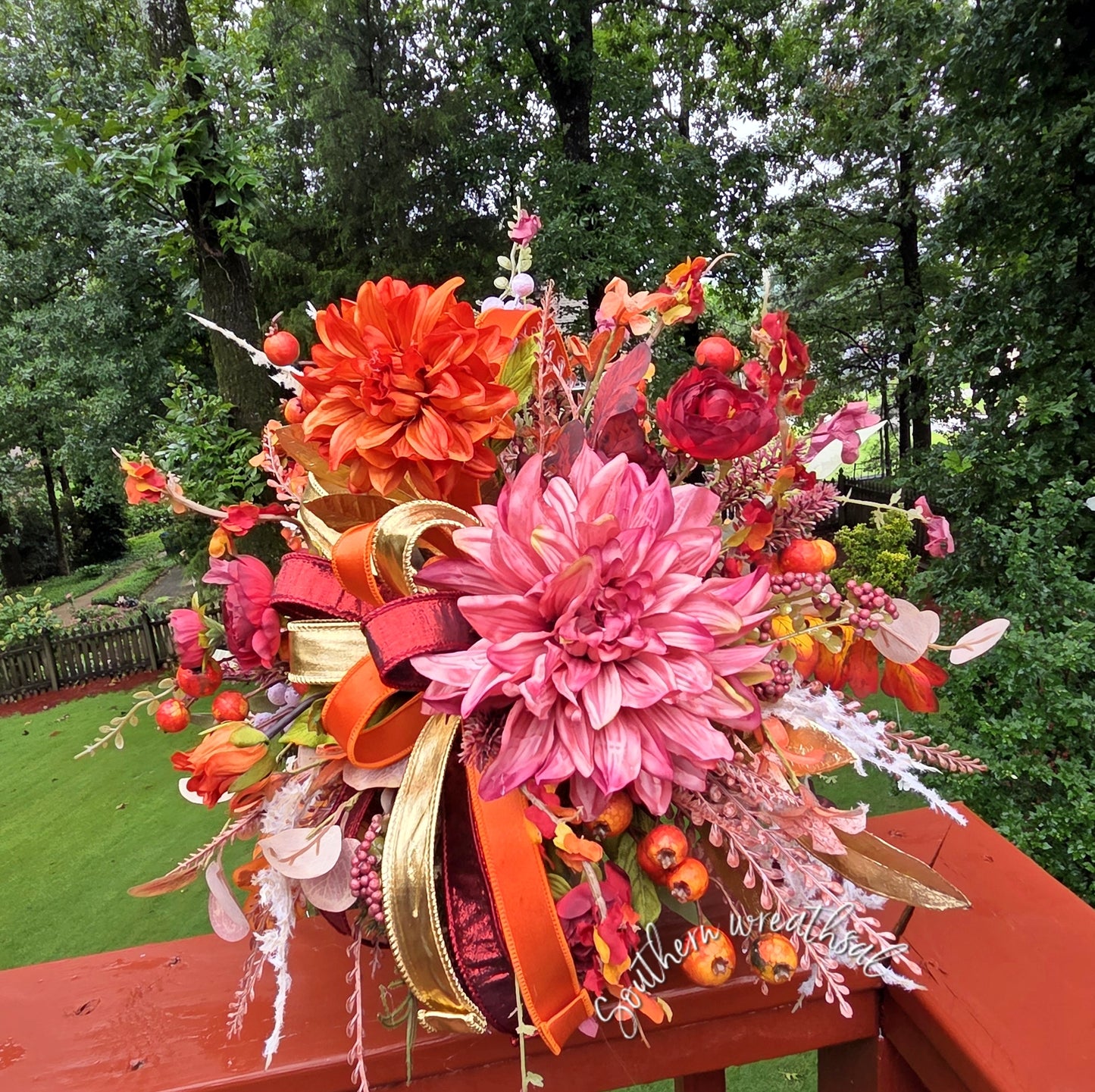 Deluxe Orange & Burgundy Dahlia Fall Floral Arrangement