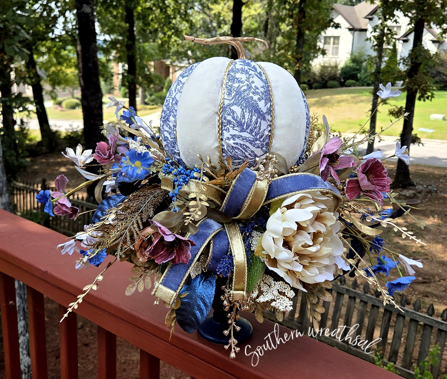 Blue & Cream Velvet Pumpkin Fall Arrangement | Elegant Navy & Gold Centerpiece
