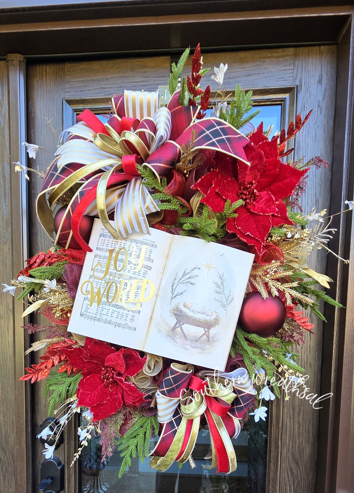 Joy to the World Christmas Wreath | Red, Burgundy & Gold Nativity Holiday Wreath