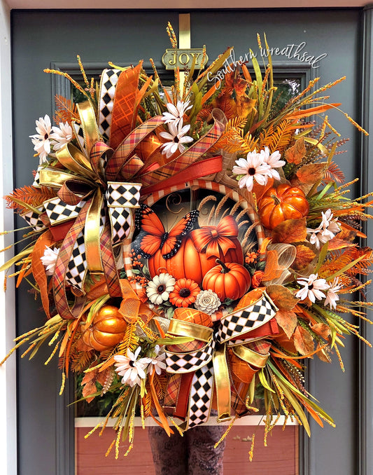 Elegant Fall Pumpkin Patch Designer Front Door Wreath