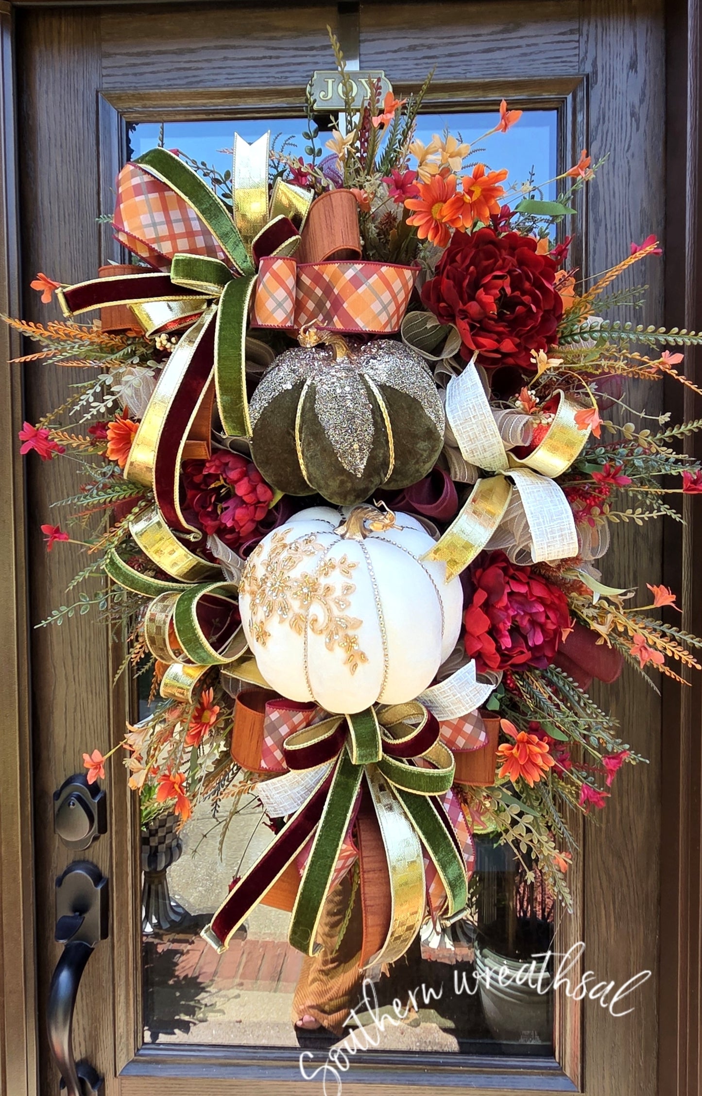 Deluxe Cream & Olive Velvet Pumpkin Fall Wreath – 38" Luxury Autumn Door Wreath
