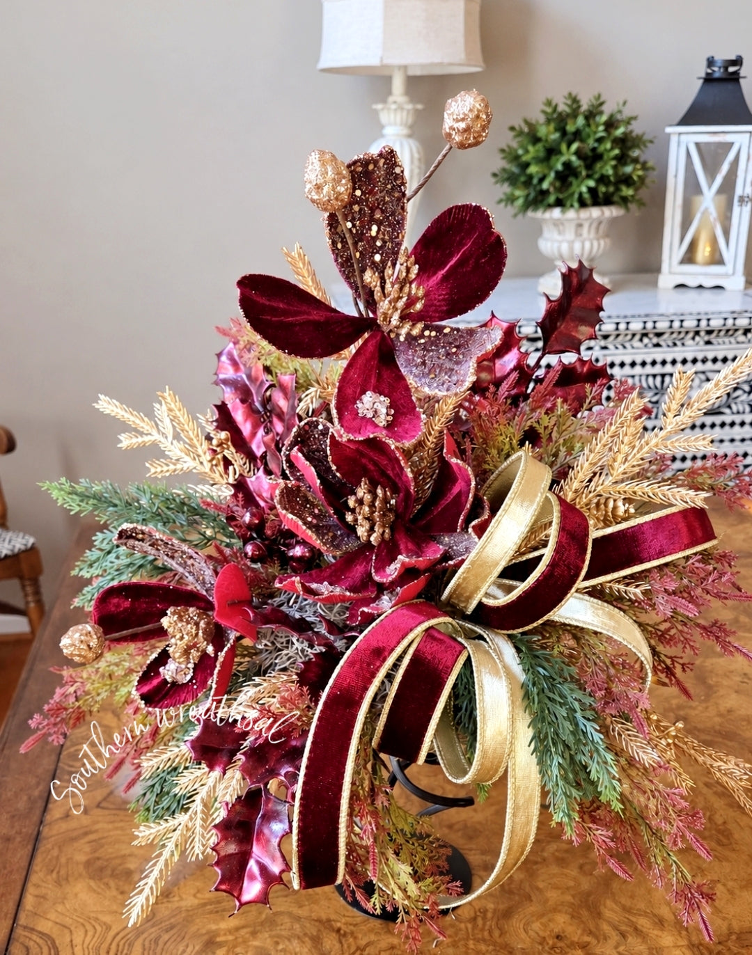 Burgundy & Gold Magnolia Christmas Centerpiece | Luxury Holiday Floral