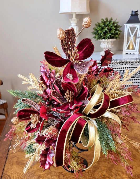 Burgundy & Gold Magnolia Christmas Centerpiece | Luxury Holiday Floral