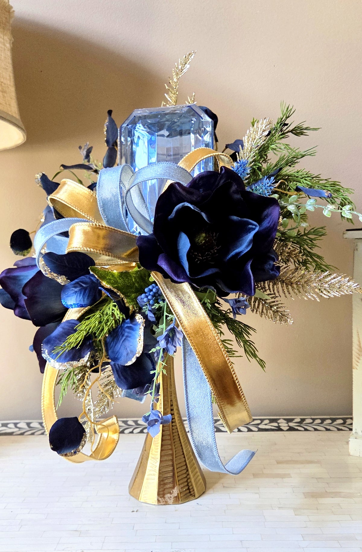 Navy Blue Fall Magnolia & Gem Floral Arrangement