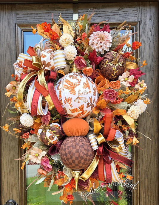 Deluxe Fall Finial Door Wreath – Luxury Designer Autumn Front Door Decor