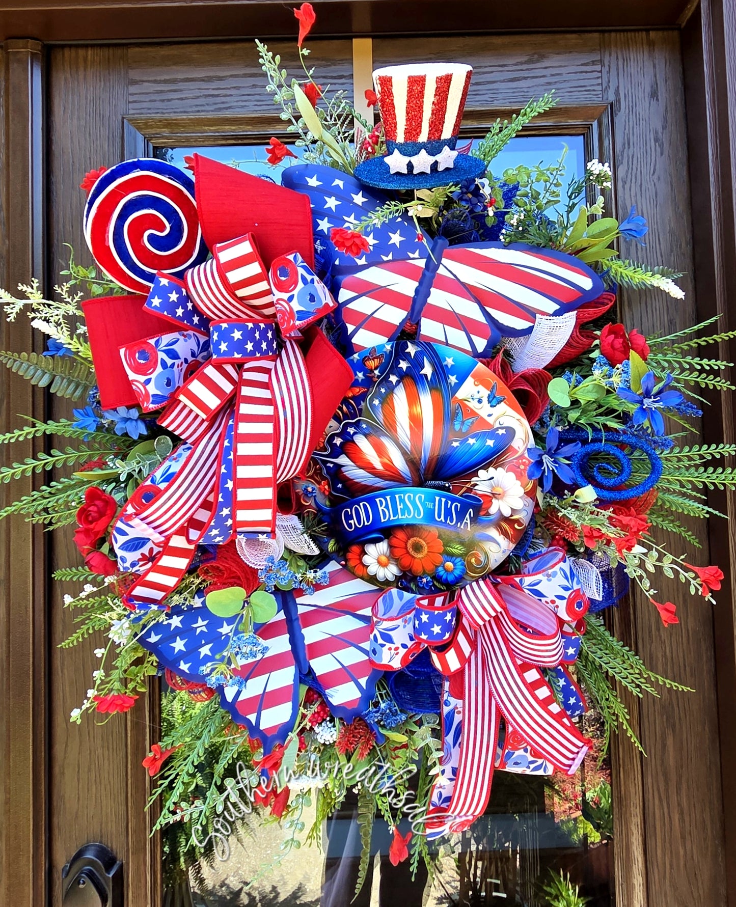 God Bless USA Butterfly Wreath, Red White Blue Americana Door Decor