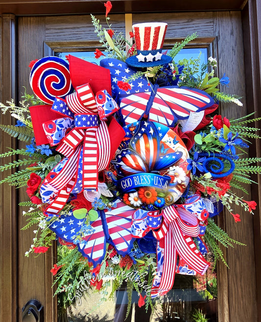 God Bless USA Butterfly Wreath, Red White Blue Americana Door Decor