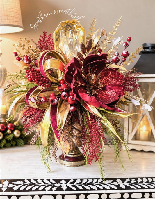 Burgundy and Gold Magnolia Christmas Arrangement, Elegant Holiday Centerpiece