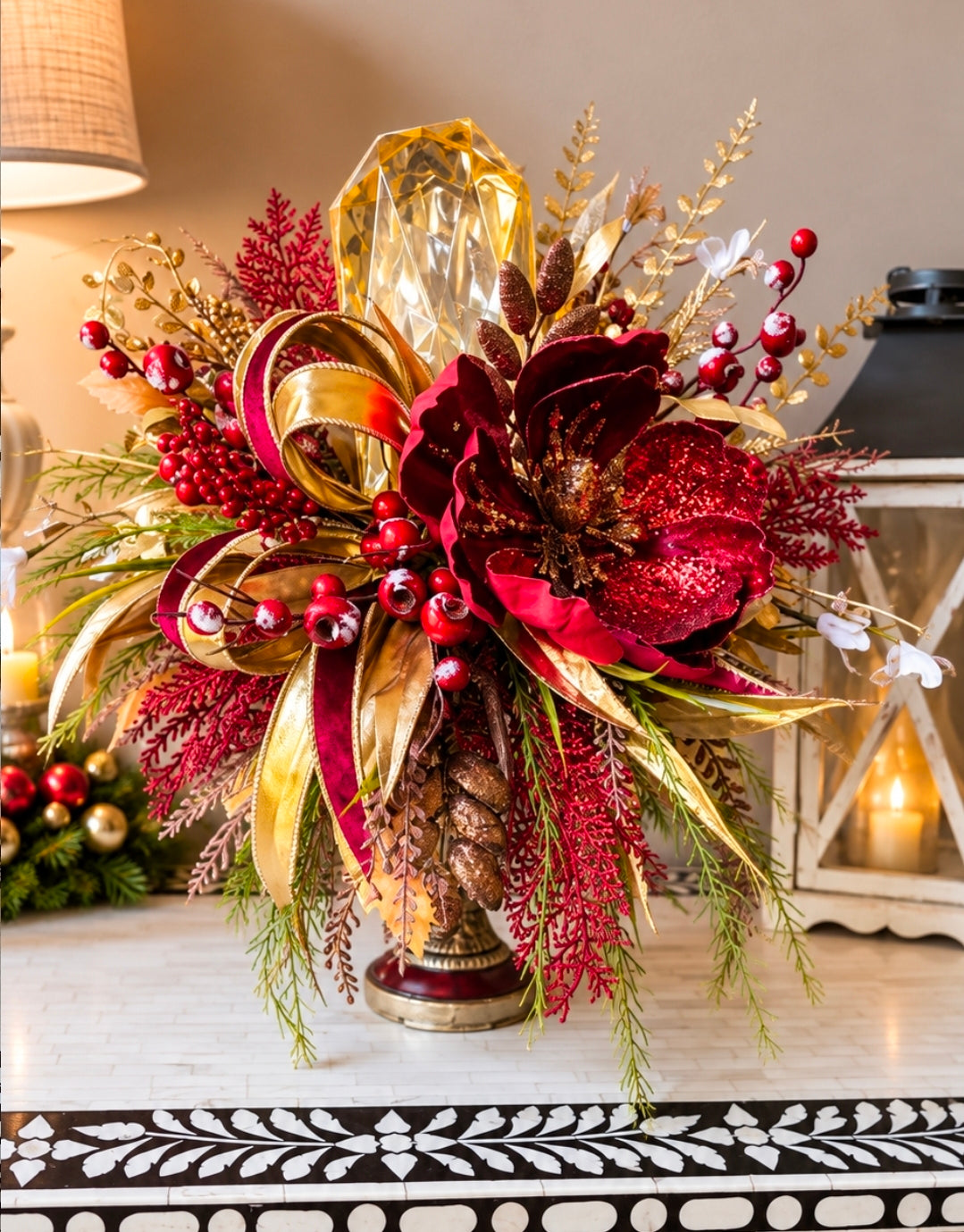 Burgundy and Gold Magnolia Christmas Arrangement, Elegant Holiday Centerpiece