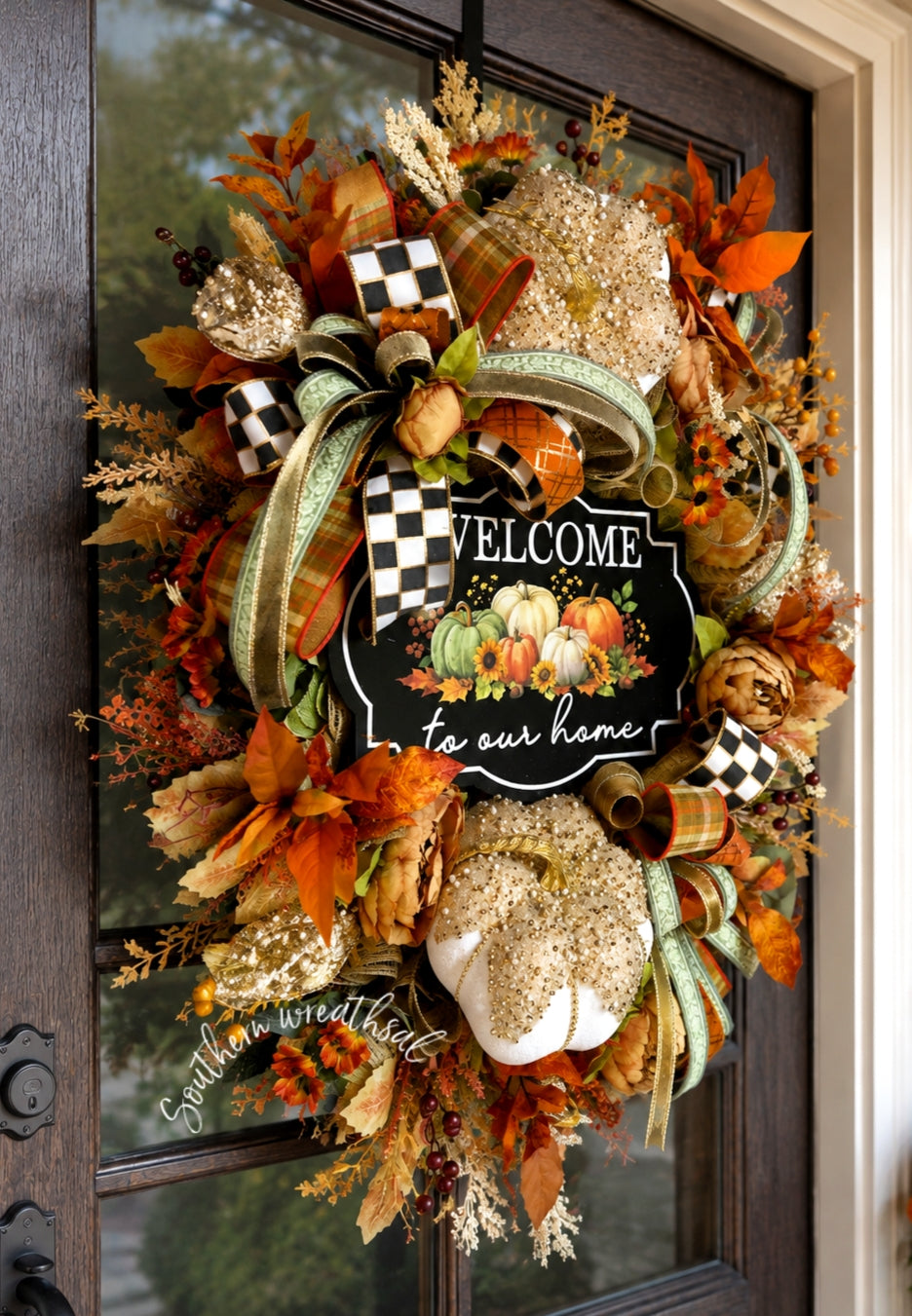 Luxury Jeweled Pumpkin Fall Wreath – Welcome to Our Home Designer Door Wreath