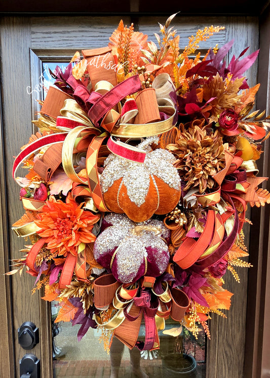 Deluxe Fall Jeweled Pumpkin Wreath, Burgundy Orange Gold Front Door Wreath