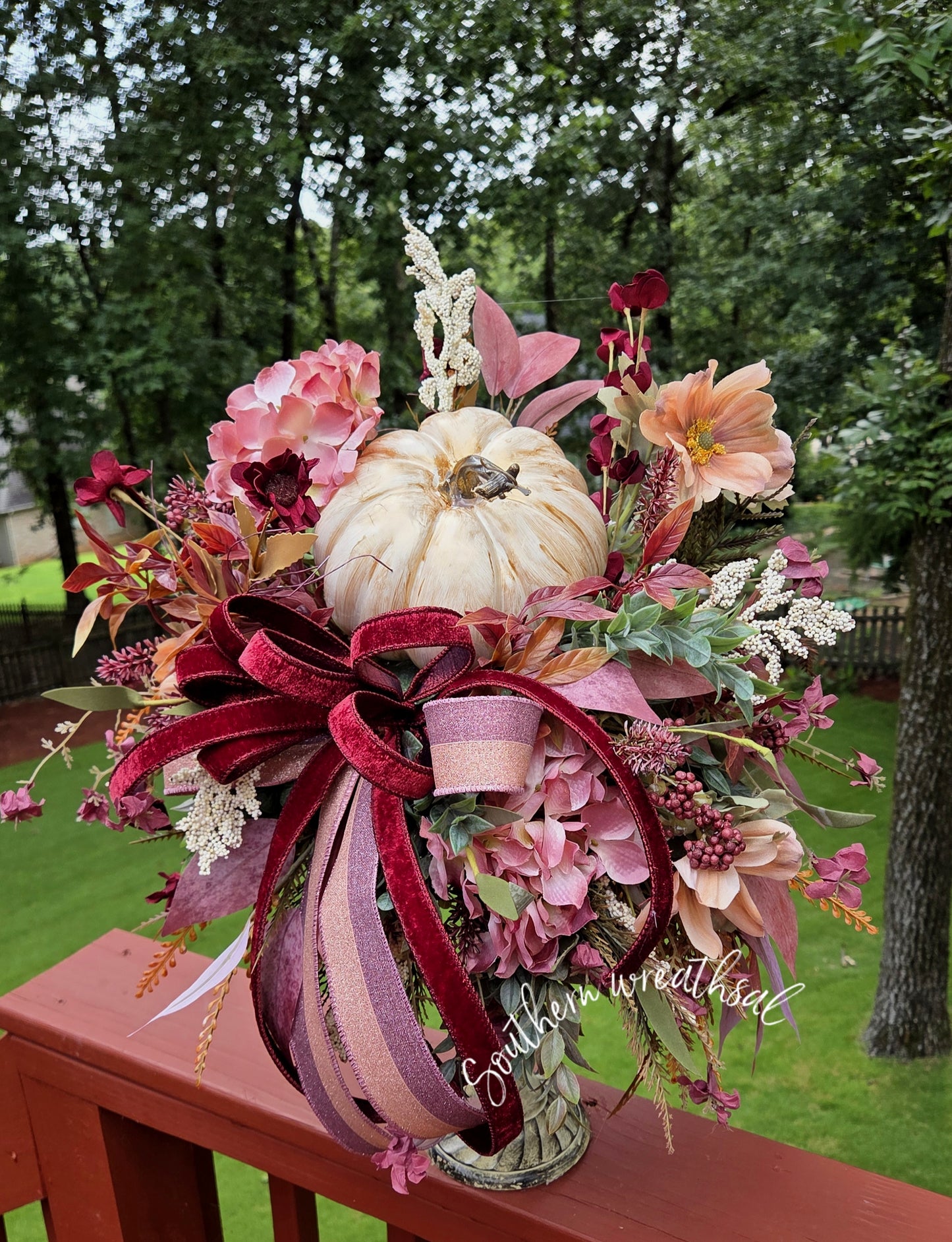 Deluxe Mauve Burgundy Pumpkin Floral Arrangement