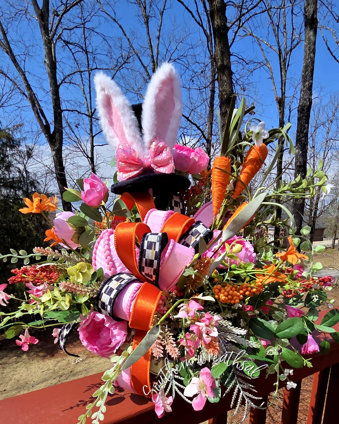 Pink Easter Bunny Floral Arrangement - Spring Bunny Centerpiece with Carrots