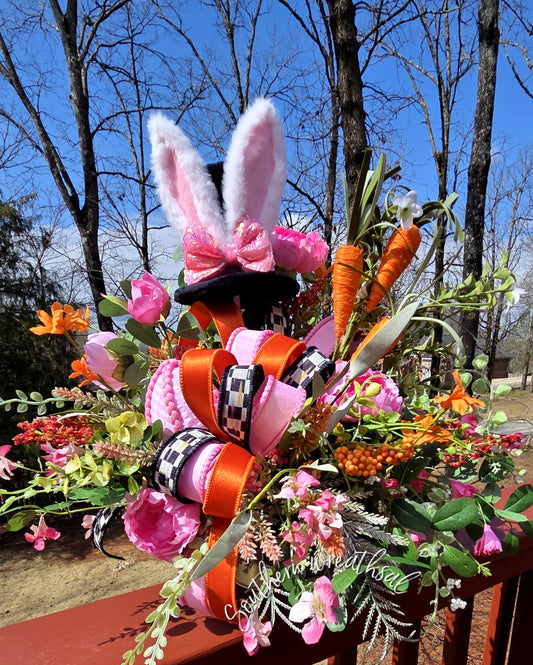 Pink Easter Bunny Floral Arrangement - Spring Bunny Centerpiece with Carrots