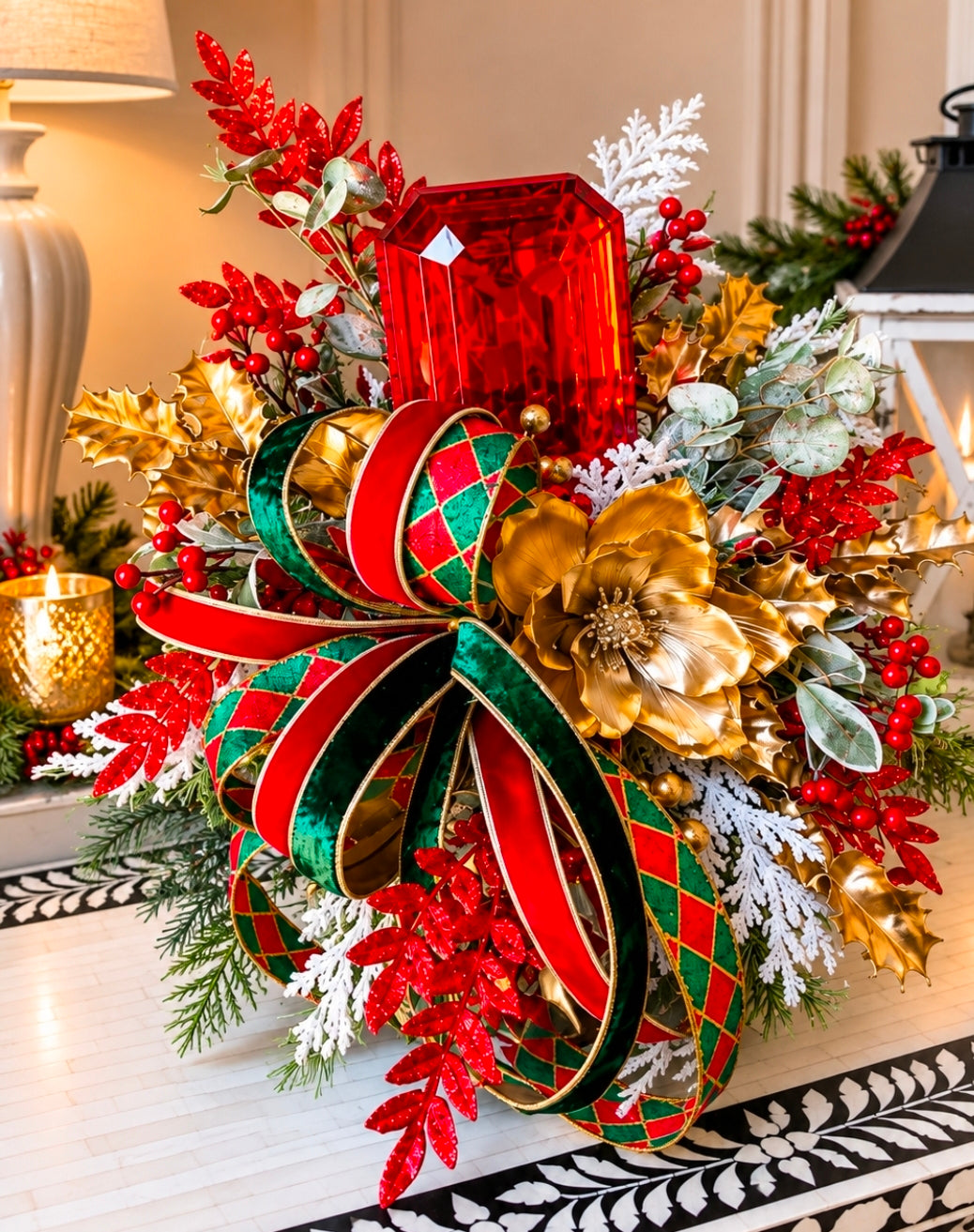 Luxury Red Jewel & Gold Magnolia Christmas Arrangement