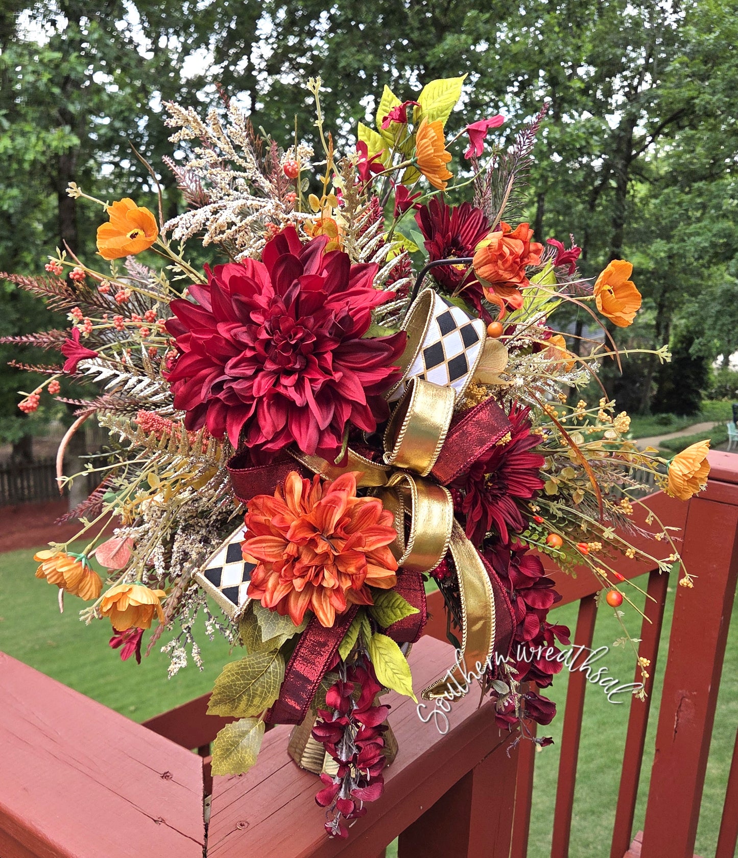 Elegant Burgundy Orange Fall Floral Arrangement, Gold Candlestick Centerpiece