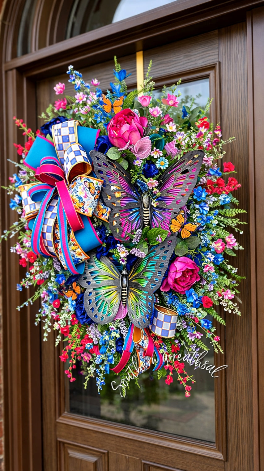 Double Butterfly Pink Spring Door Wreath