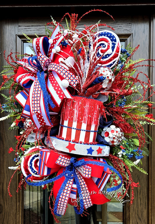 July 4th Patriotic Fireworks Front Door Wreath- Uncle Sam Fireworks