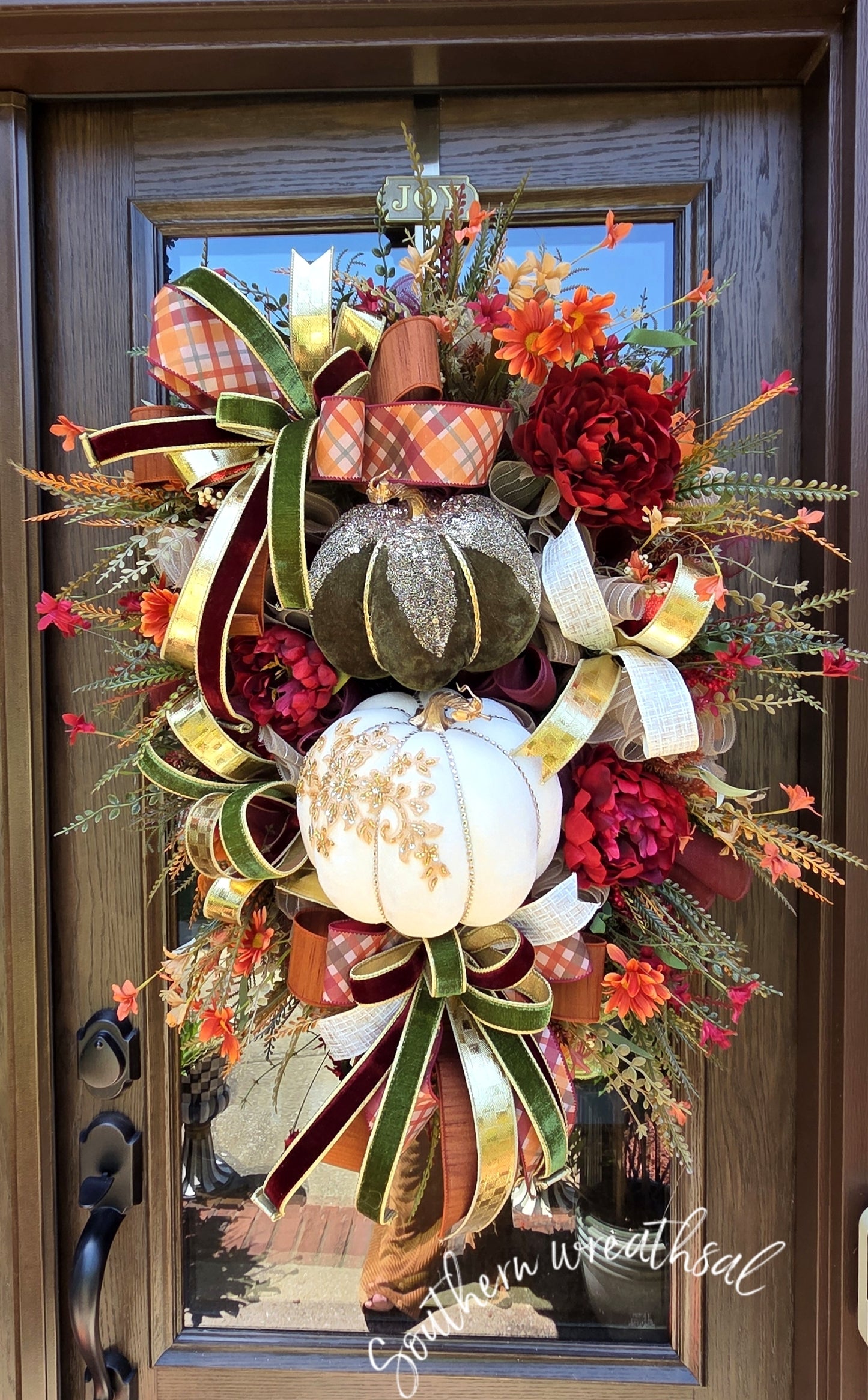 Deluxe Cream & Olive Velvet Pumpkin Fall Wreath – 38" Luxury Autumn Door Wreath