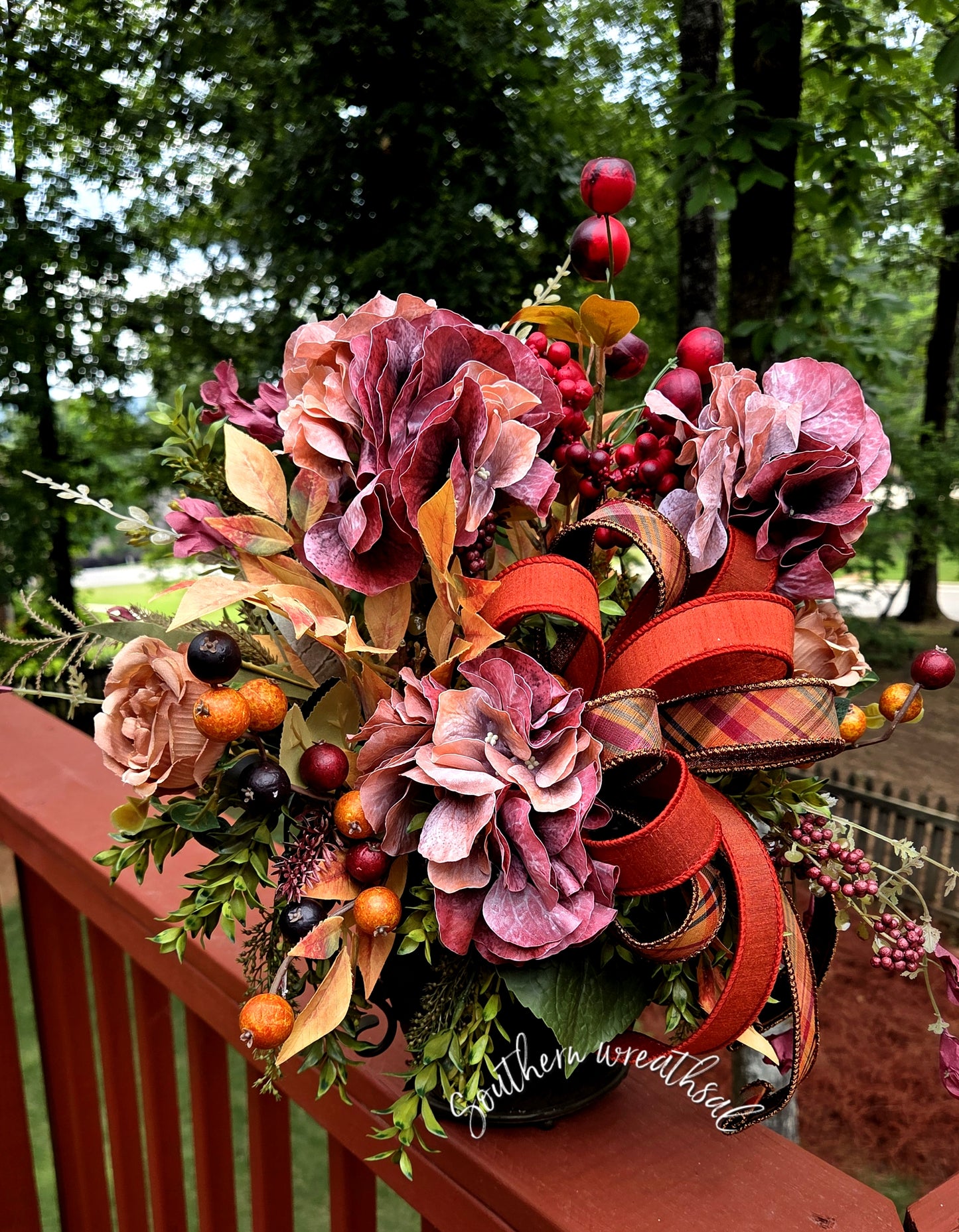 Elegant Hydrangea Fall Centerpiece, Burgundy Orange Autumn Floral Arrangement