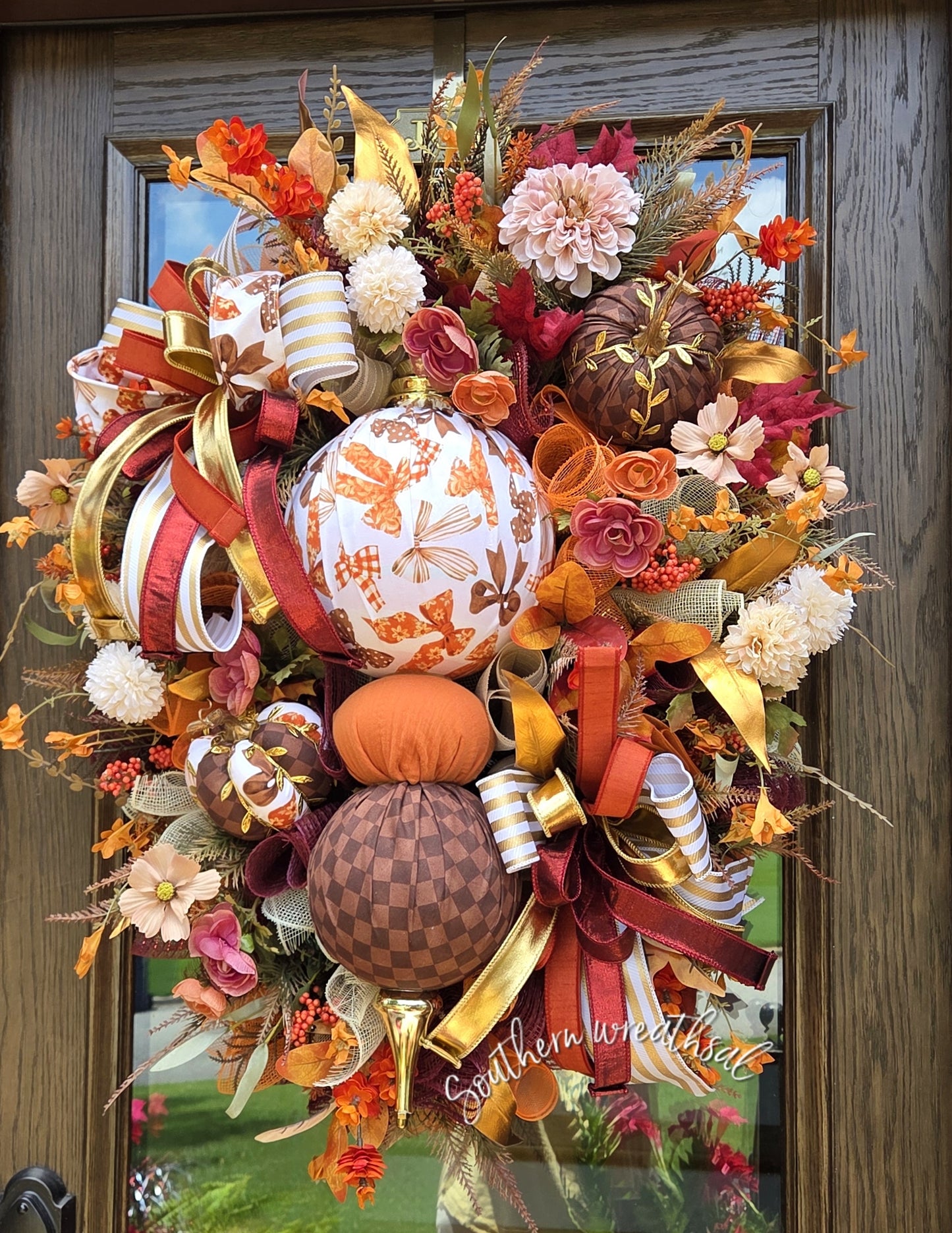 Deluxe Fall Finial Door Wreath – Luxury Designer Autumn Front Door Decor