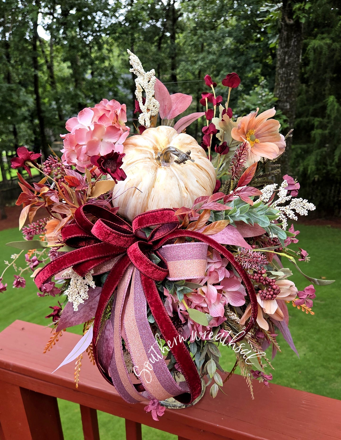 Deluxe Mauve Burgundy Pumpkin Floral Arrangement