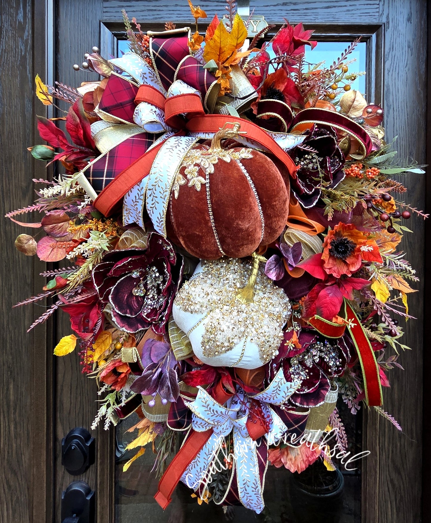 Luxury Fall Pumpkin Wreath, Burgundy Orange Gold Autumn Wreath, Velvet Pumpkin Front Door Decor, Elegant Thanksgiving Wreath