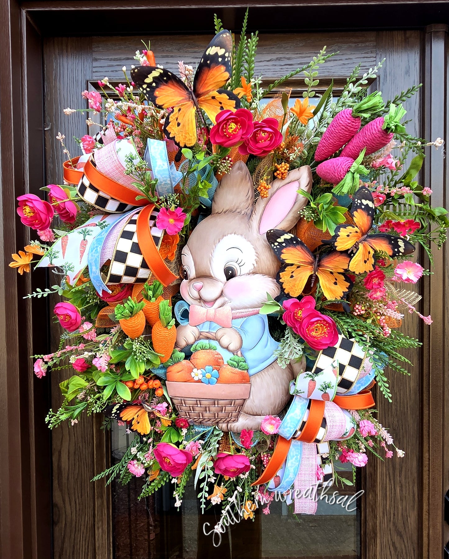 Whimsical Easter Bunny Wreath with Carrot Basket & Butterflies
