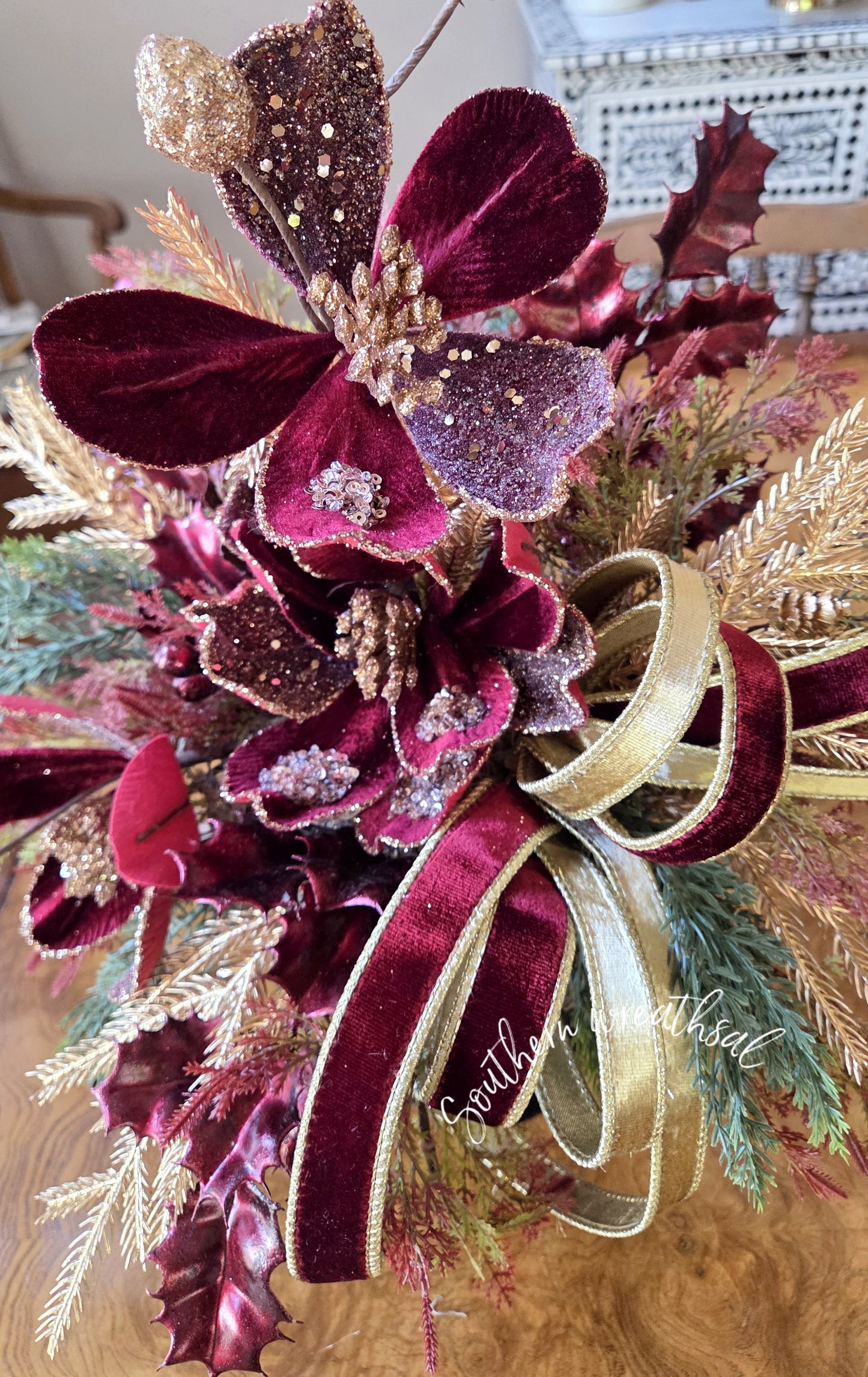 Burgundy & Gold Magnolia Christmas Centerpiece | Luxury Holiday Floral