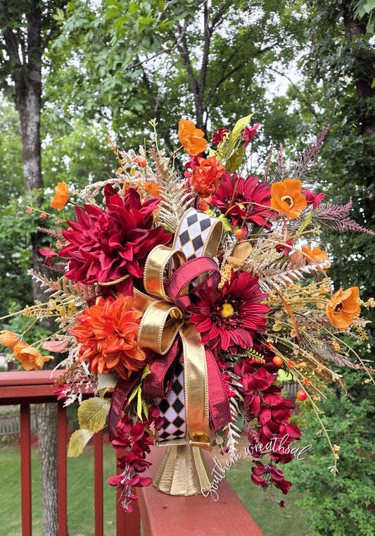 Elegant Burgundy Orange Fall Floral Arrangement, Gold Candlestick Centerpiece