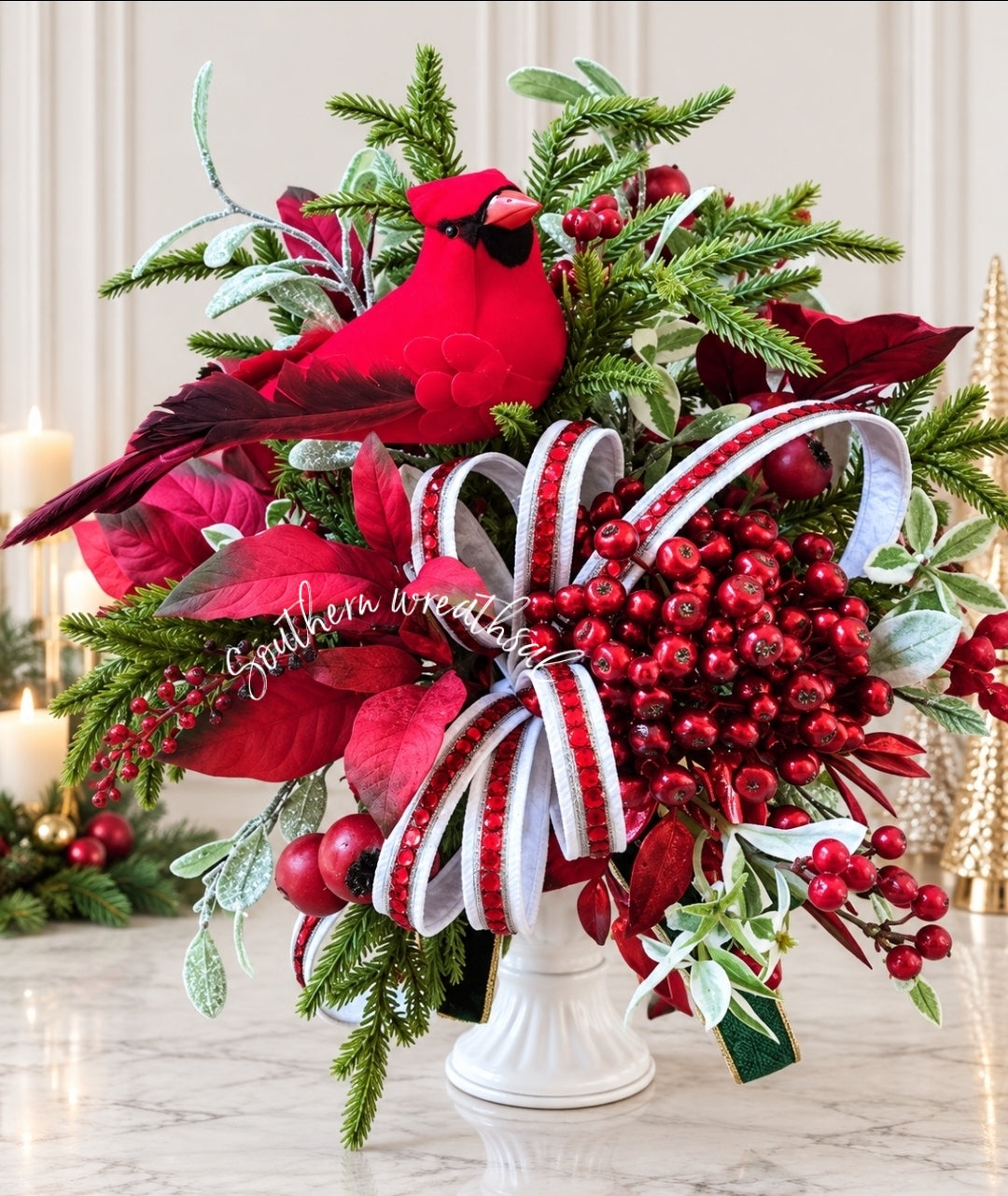 Winter Christmas Cardinal Arrangement, Red Cardinal Memorial Centerpiece