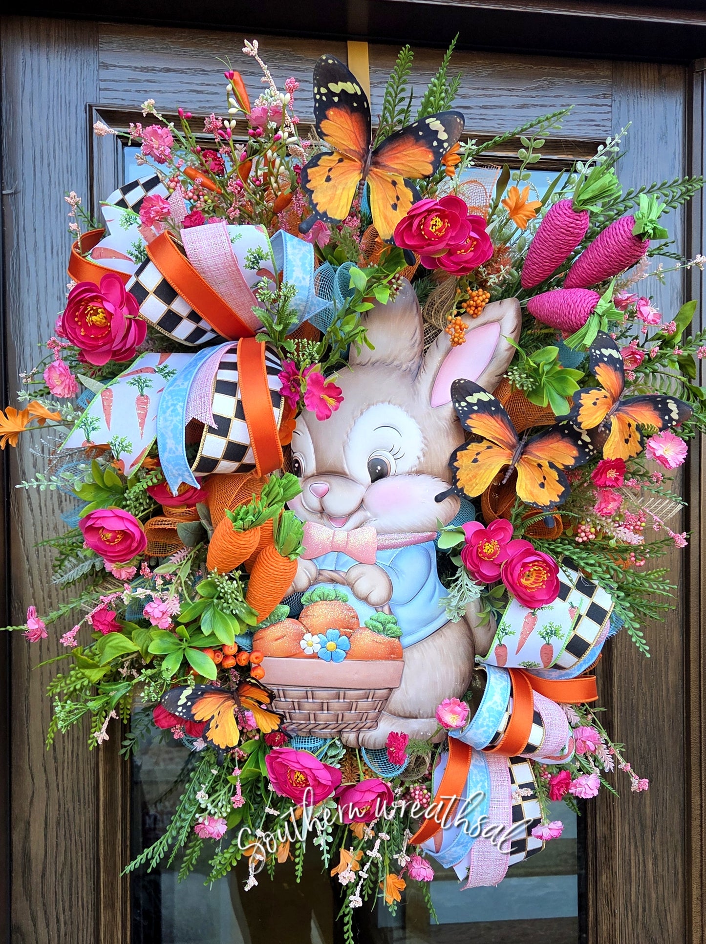 Whimsical Easter Bunny Wreath with Carrot Basket & Butterflies