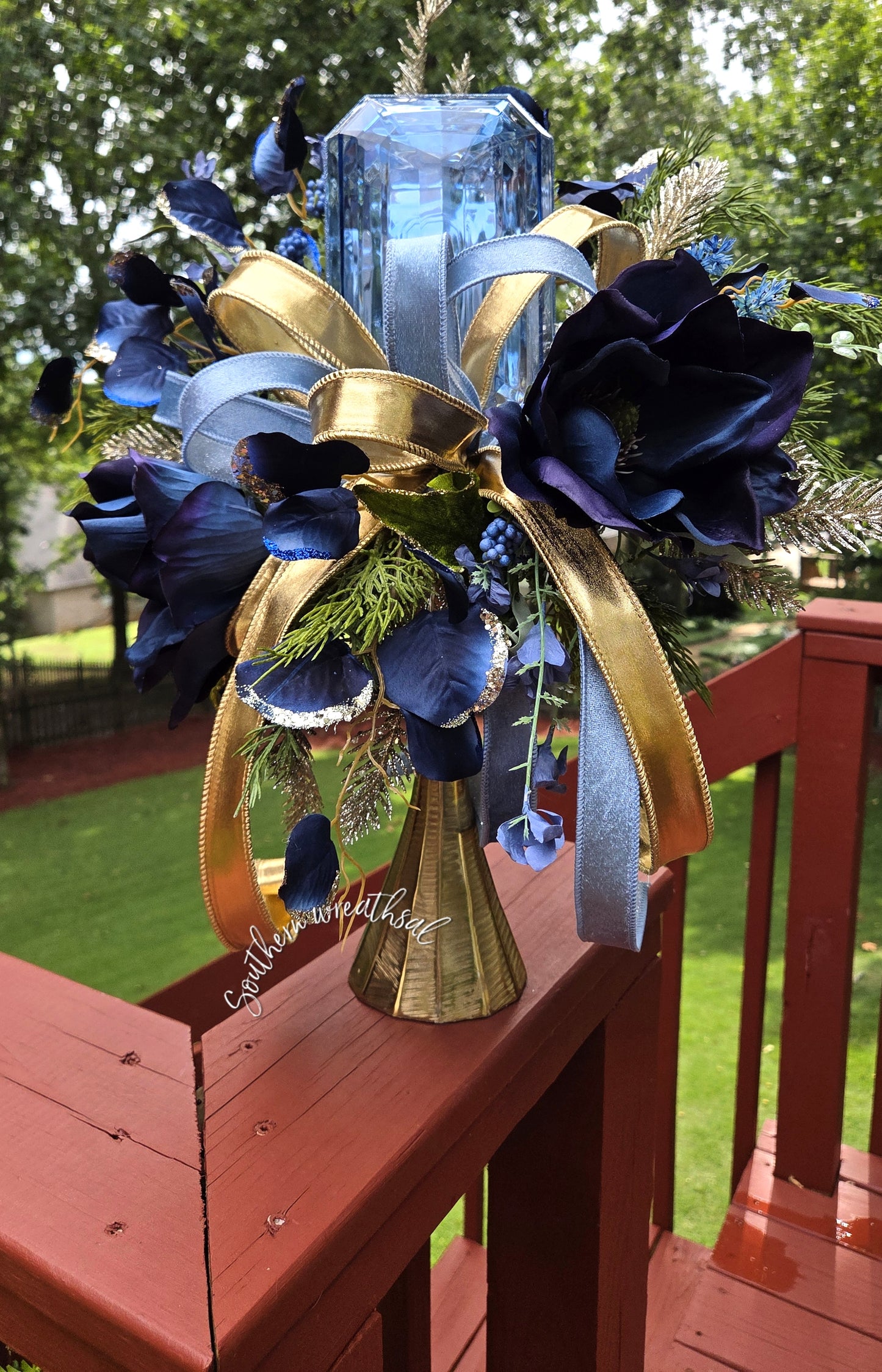 Navy Blue Fall Magnolia & Gem Floral Arrangement