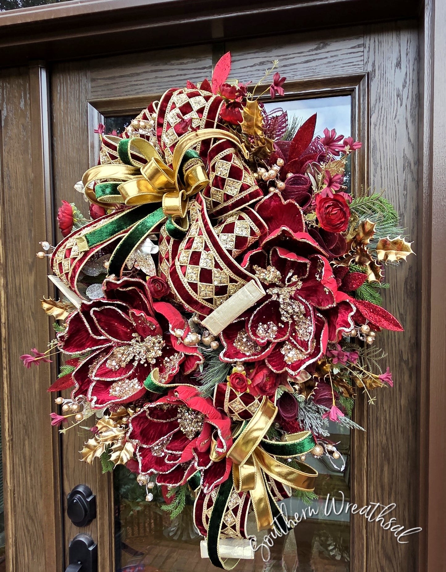 Luxury Deluxe Burgundy Velvet Gold Christmas Wreath