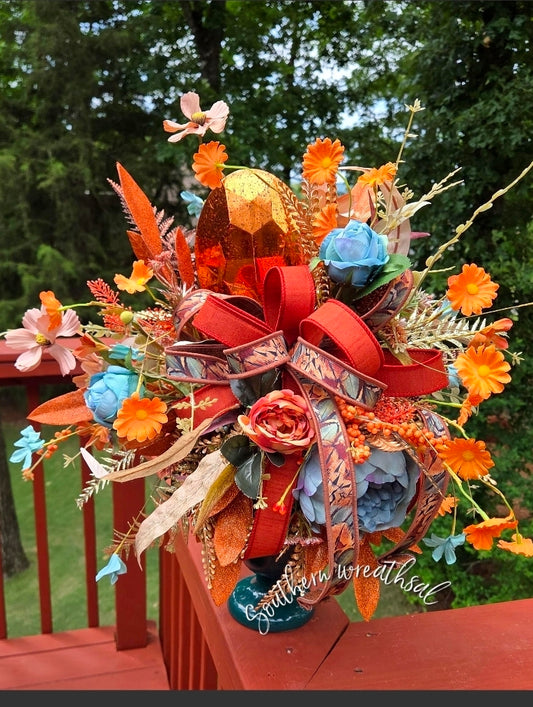 Luxury Fall Floral Arrangement Teal & Orange Jewel Decor