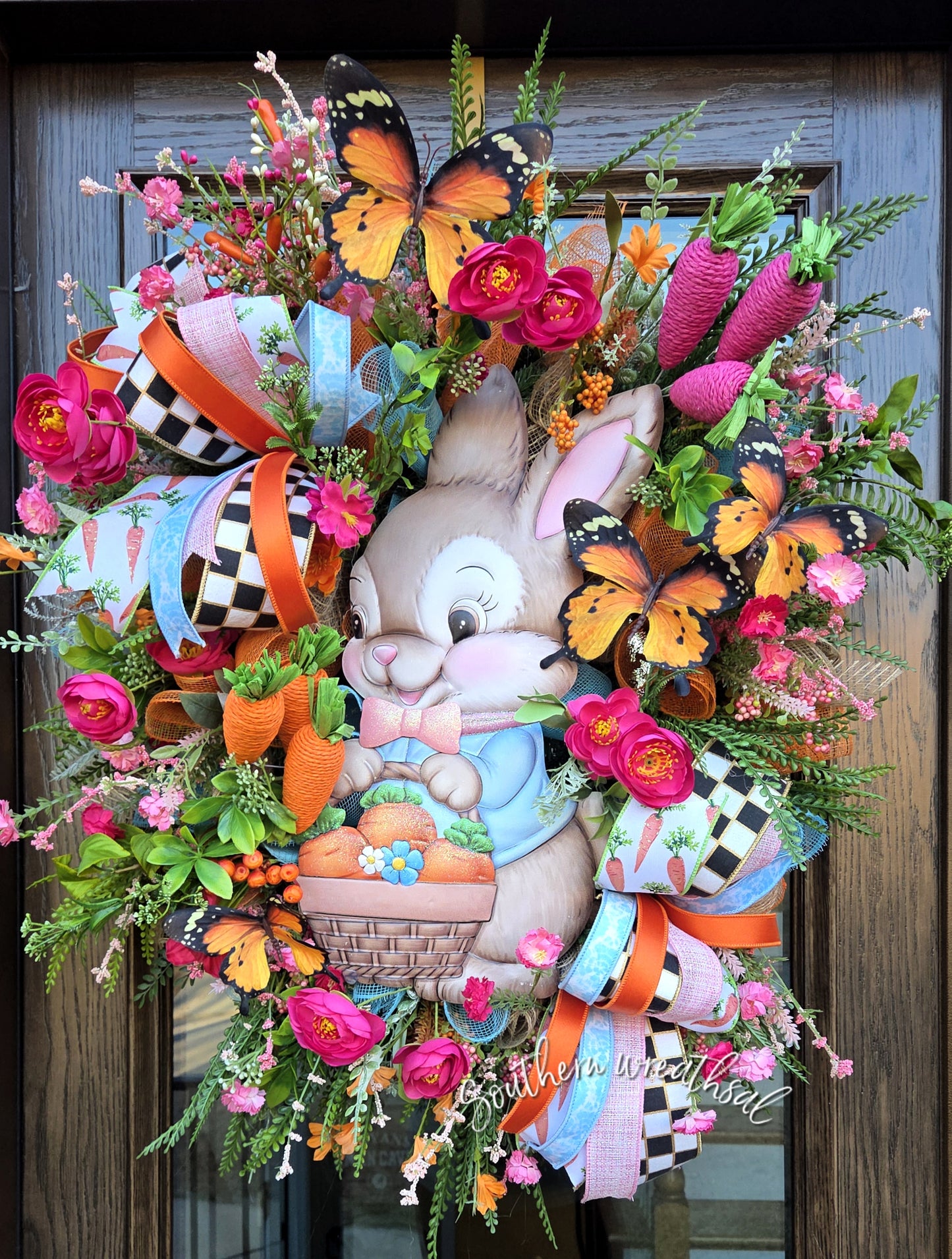 Whimsical Easter Bunny Wreath with Carrot Basket & Butterflies