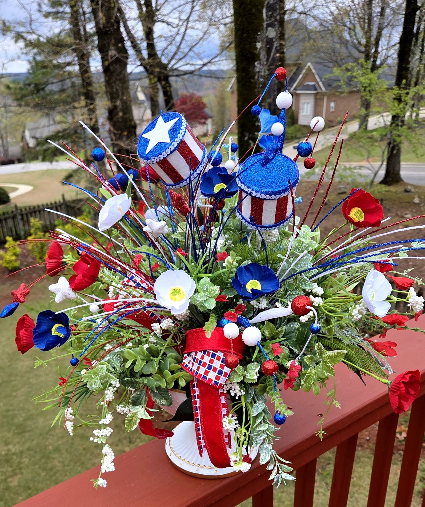Patriotic Poppy Floral Arrangement, Red White Blue July 4th Centerpiece,