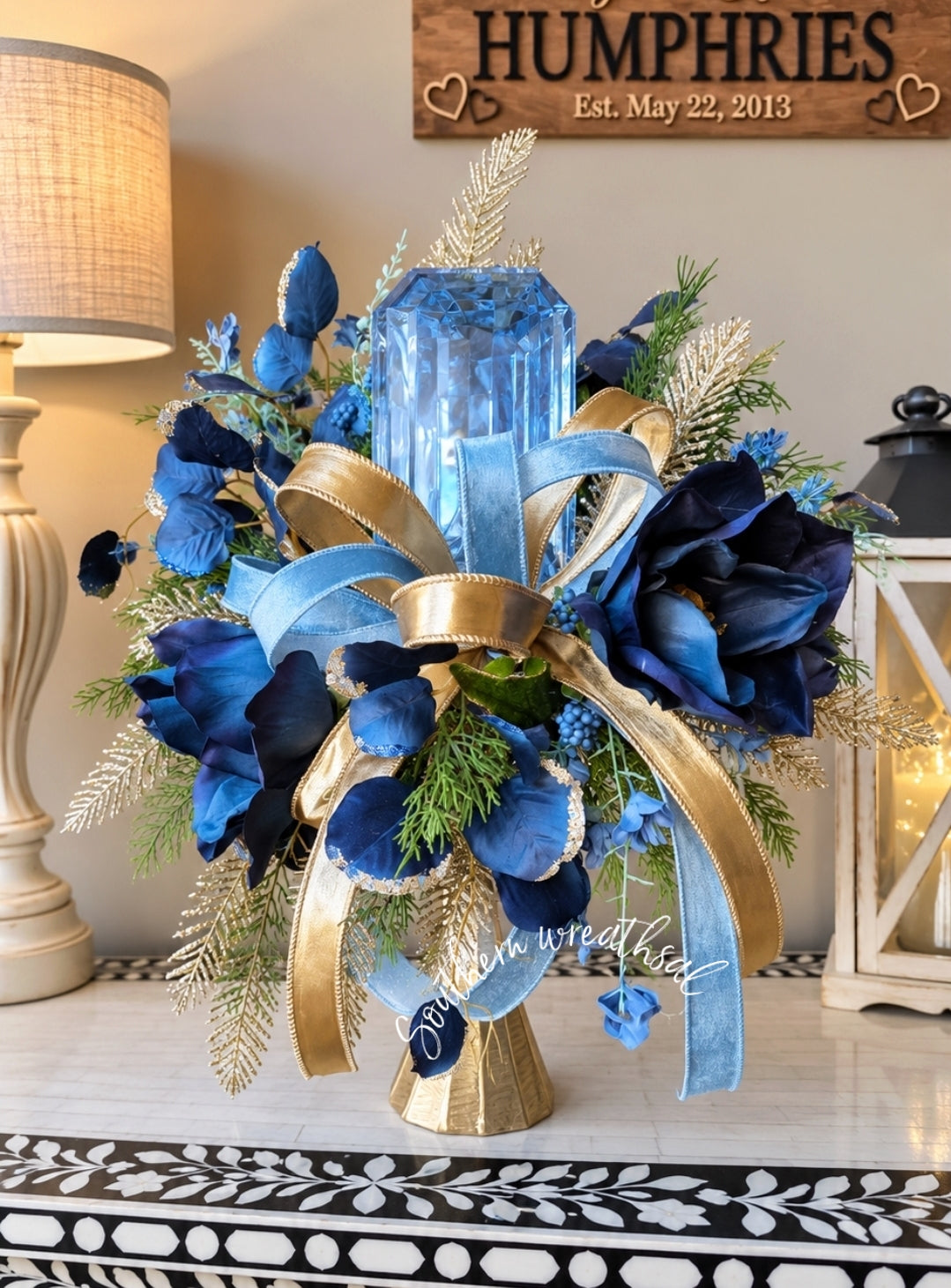 Navy Blue Fall Magnolia & Gem Floral Arrangement