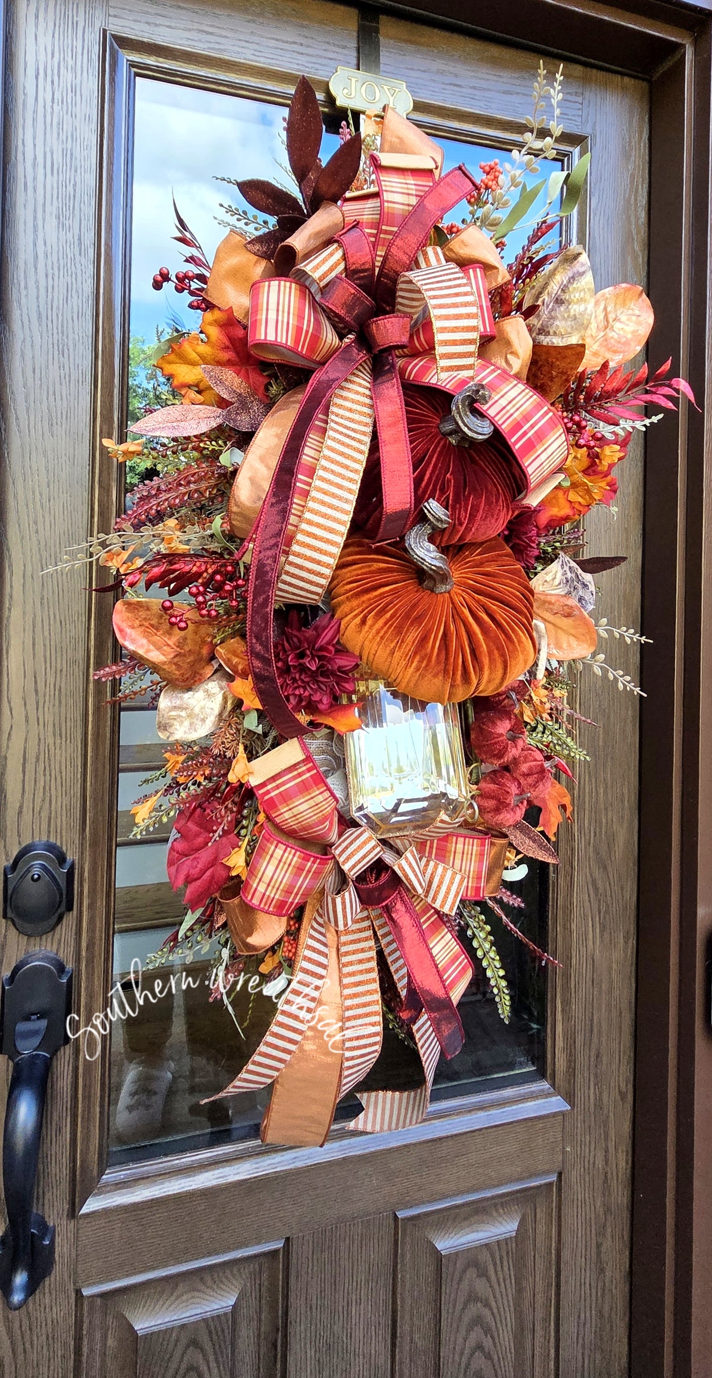 Extra Large Deluxe Velvet Pumpkin Fall Door Wreath – Luxury Autumn Front Door Decor with Designer Ribbons & Jeweled Accents