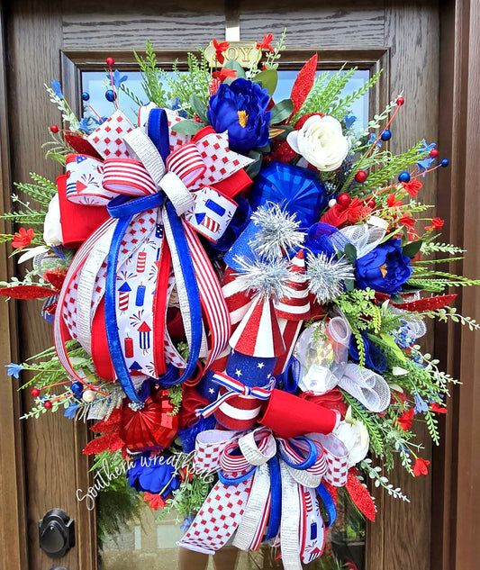 Showstopping Patriotic Wreath – Elegant Red White & Blue Firework Front Door Decor