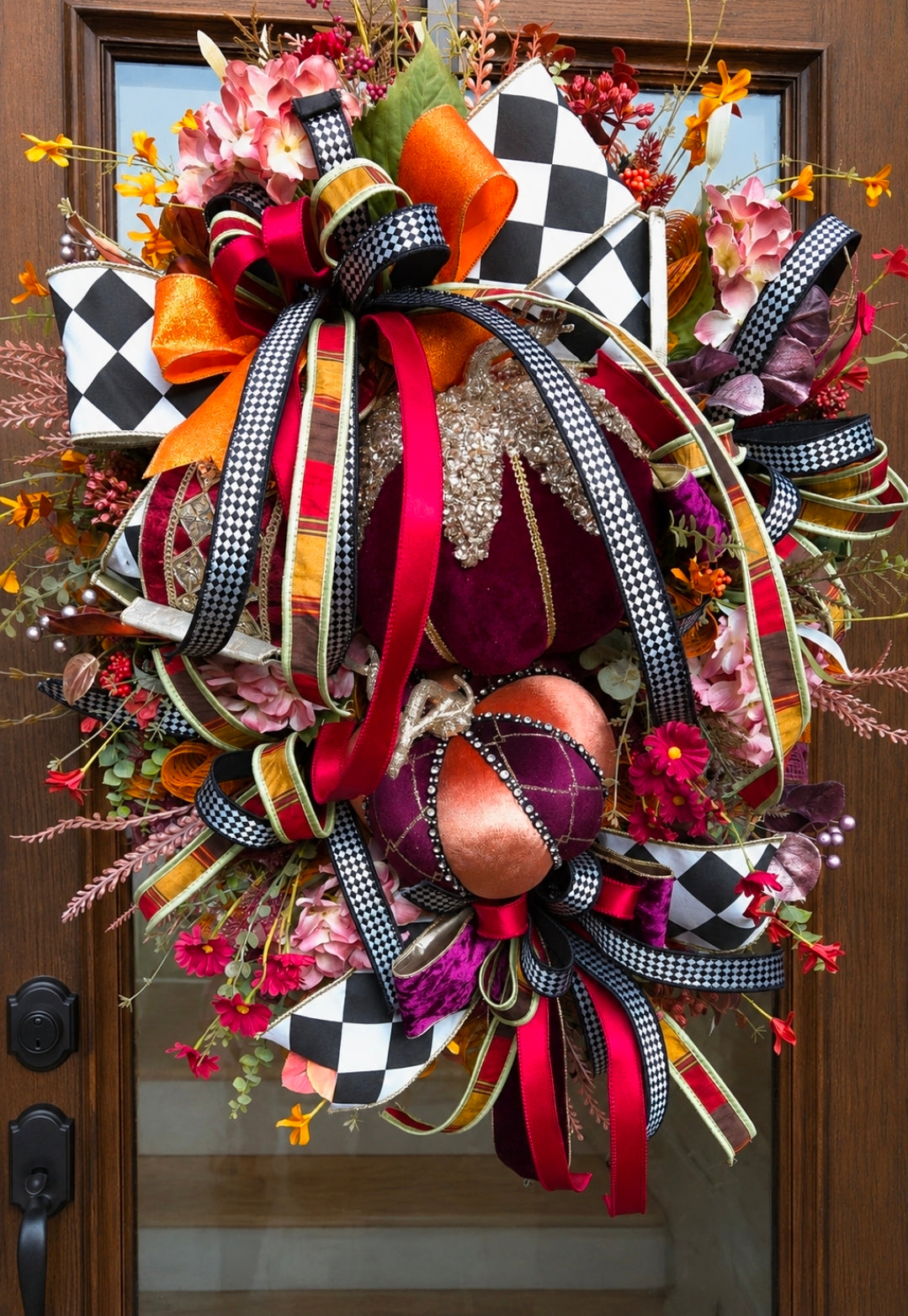 Luxury Burgundy Jeweled Fall Velvet Pumpkin Front Door Wreath
