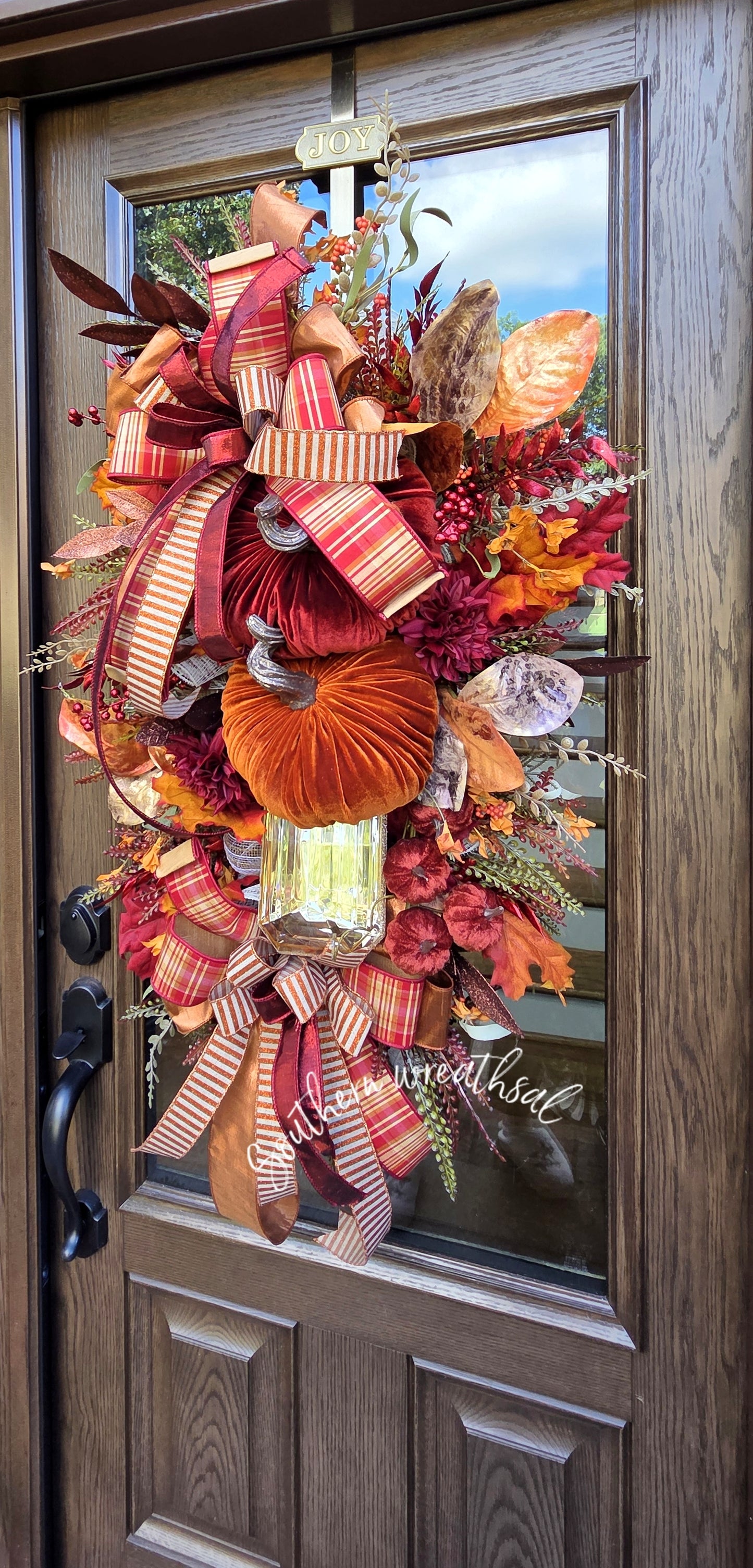 Extra Large Deluxe Velvet Pumpkin Fall Door Wreath – Luxury Autumn Front Door Decor with Designer Ribbons & Jeweled Accents