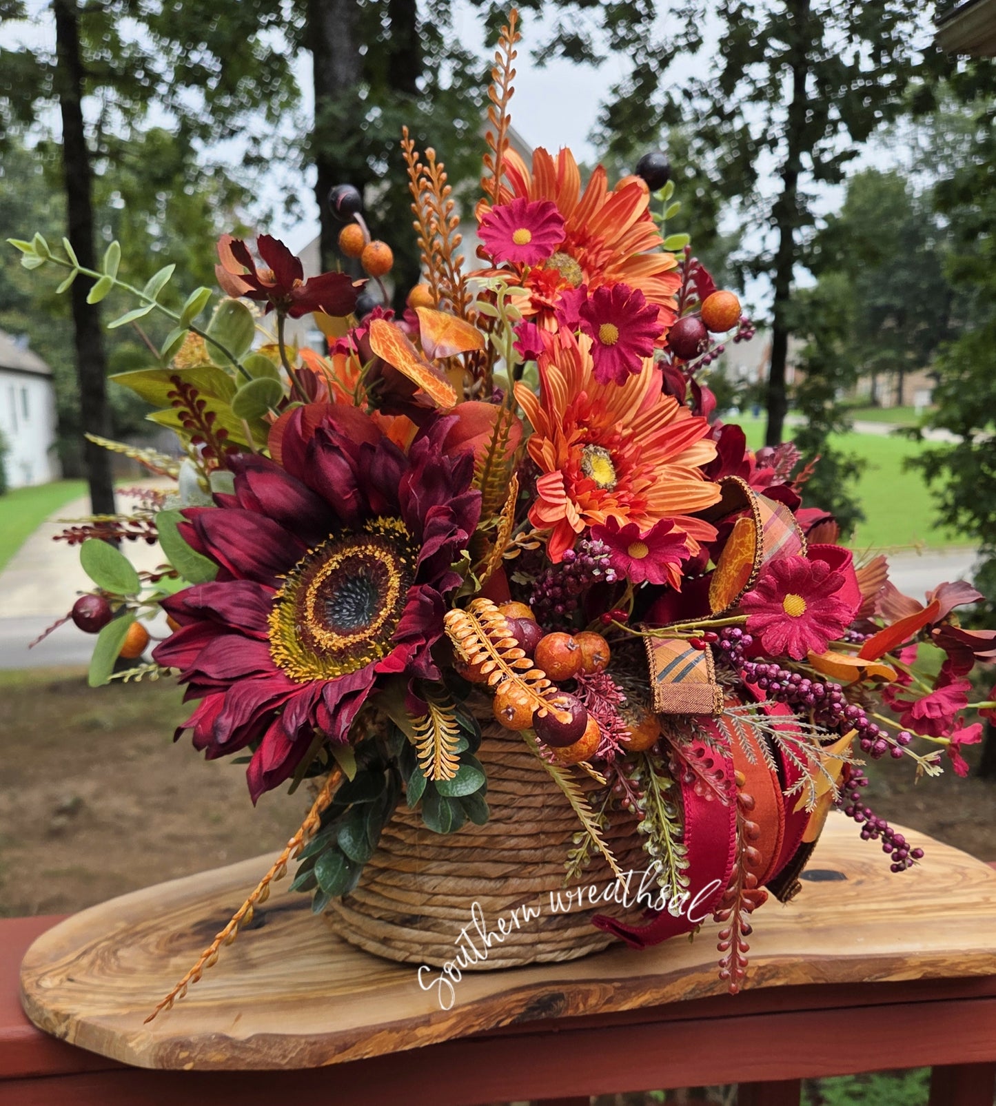 Large Burgundy Sunflower Fall Centerpiece, Autumn Floral Arrangement