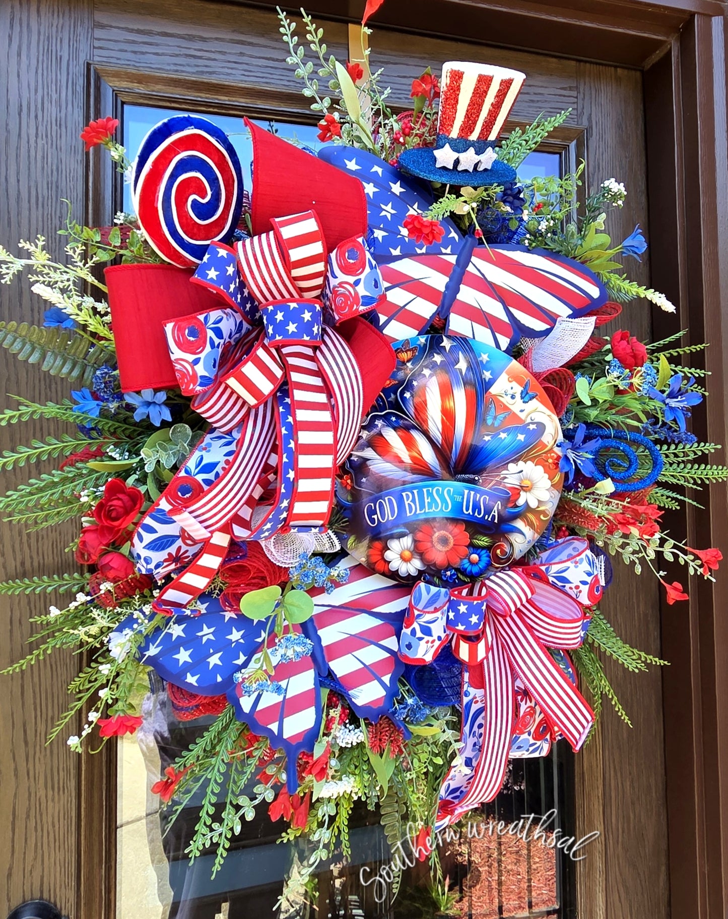 God Bless USA Butterfly Wreath, Red White Blue Americana Door Decor